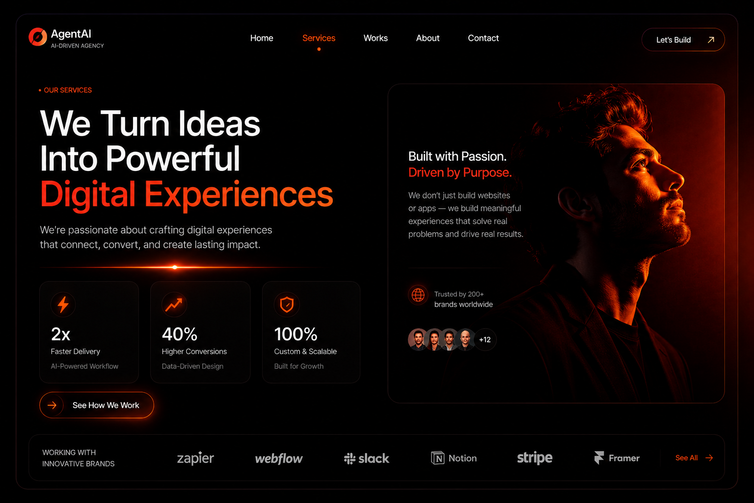 Premium AI services website section with red cinematic portrait and service metrics